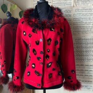 Vintage cheetah cardigan red and black with feather trim and beading small